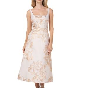 KAY UNGER  FLORAL JACQUARD MIDI CHAMPAGNE DRESS 14